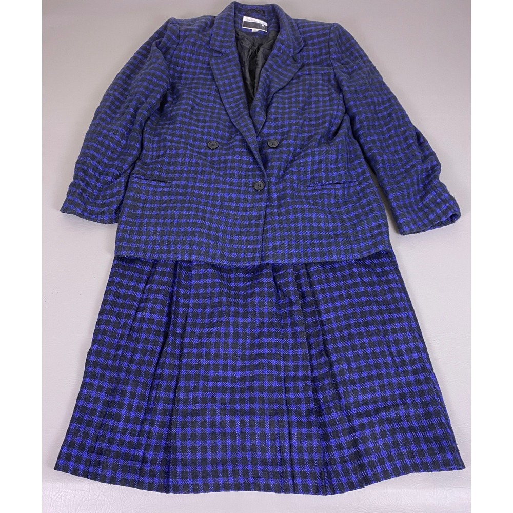 Vintage David Benjamin Skirt Suit Set Size 10 Blue Black Plaid‎ Blazer Midi